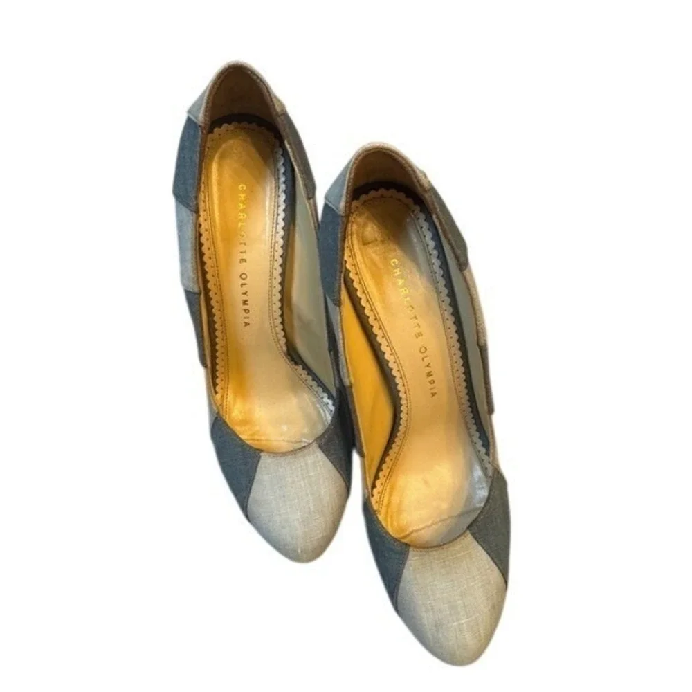Charlotte‎ Olympia Platform Heels Gray Beige Fabric Block Pumps Size 39